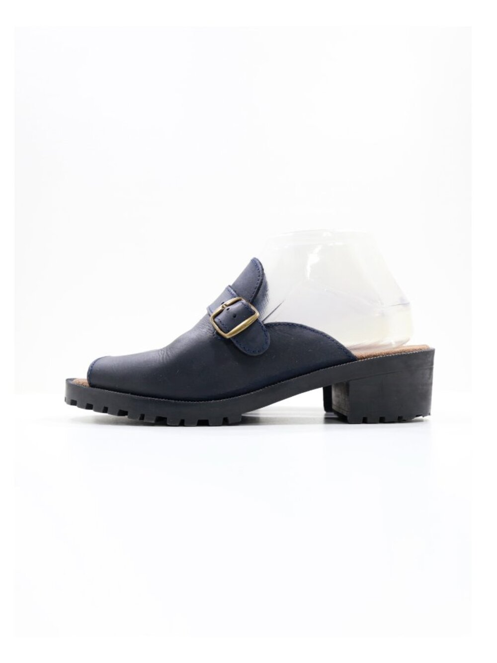 Bjorndal Navy Blue Leather 2" Block Heel Chunky Peep Toe Mules - 8